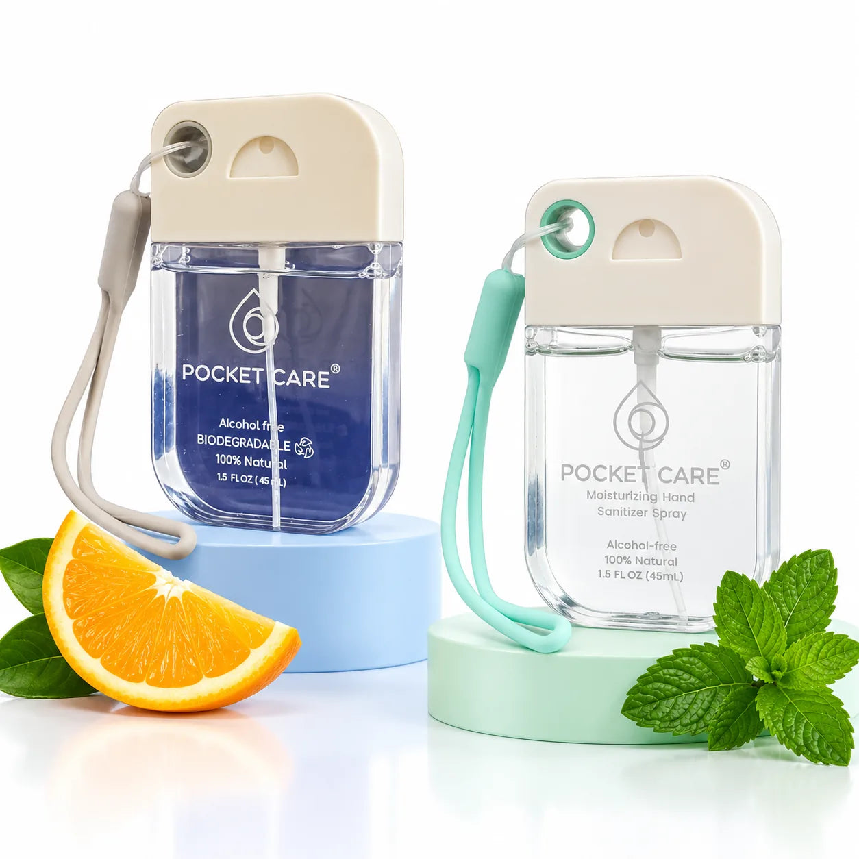 Ejemplos de presentaciones de Pocket Care junto a naranja y menta